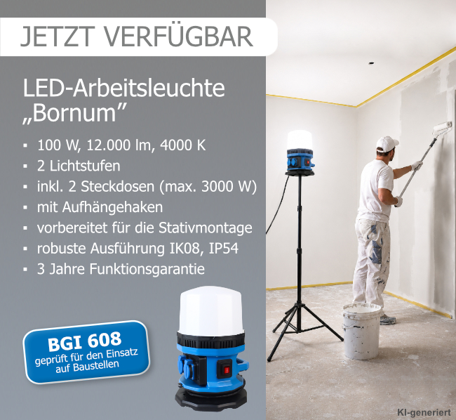 Infografik-Slider zur LED-Arbeitsleuchte Bornum mit technischen Produktinformationen und einem Bild (KI-generiert), das einen Maler neben dem Arbeitsstrahler mit Stativ auf einer Baustelle zeigt.