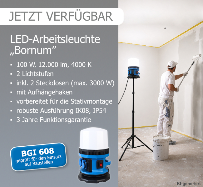 LED-Arbeitsleuchte Bornum Infografik-Slider zur LED-Arbeitsleuchte Bornum mit technischen Produktinformationen und einem Bild (KI-generiert), das einen Maler neben dem Arbeitsstrahler mit Stativ auf einer Baustelle zeigt.