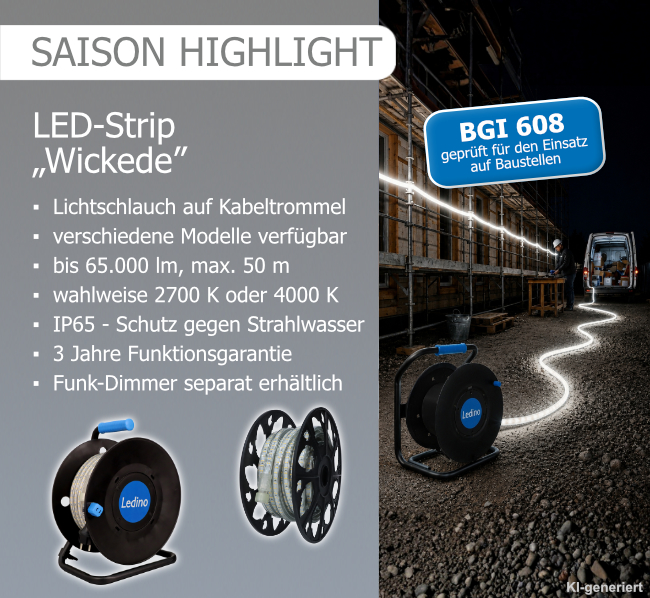 LED-Lichtschlauch Wickede Info-Slider zum LED-Lichtschlauch Wickede mit technischen Produktinformationen und einem Bild (KI-generiert), das den Lichtschlauch im Einsatz auf einer Baustelle zeigt.